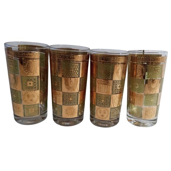 4 Georges Briard Green 22K Gold Celestial Bar Highball Glasses Greco Roman - Picture 6 of 9